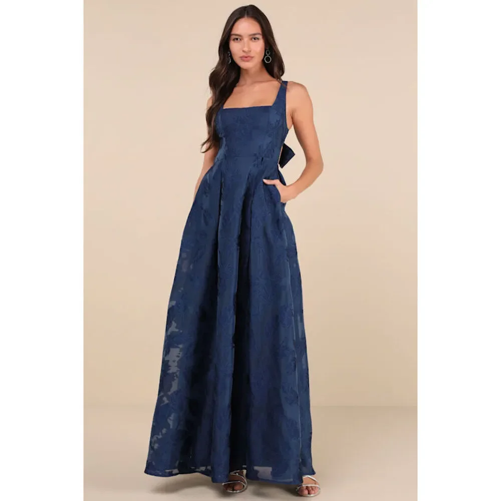Lulus Perfected Aura Navy Jacquard Tie-back Maxi Dress With Pockets Blue